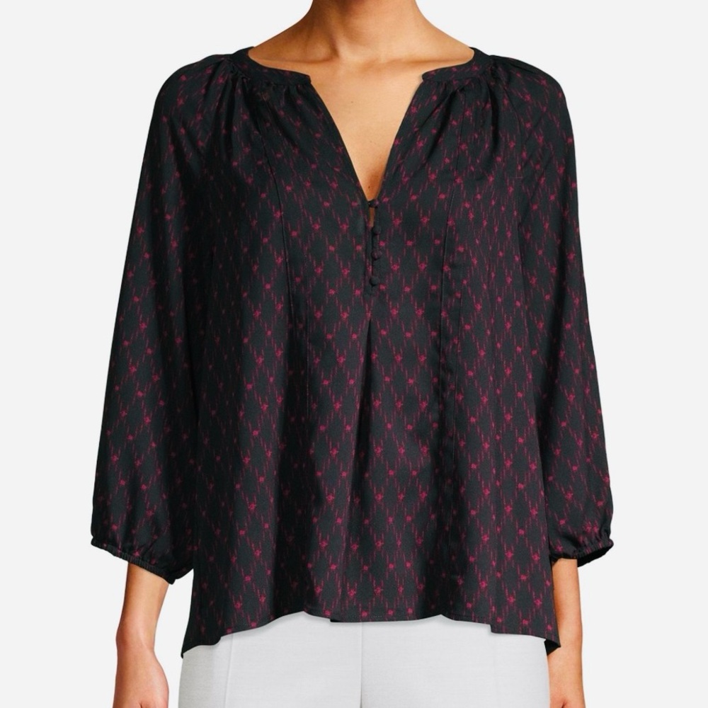 JOIE Gloria Pleated Black & Hot Pink Diamond Patterned Blouse Classy Top